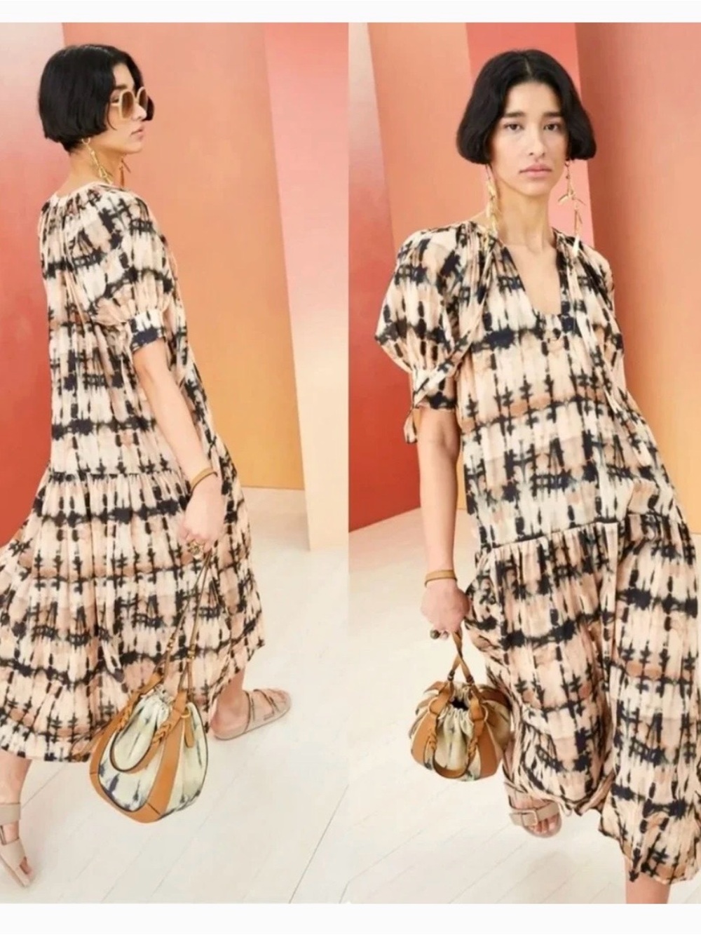 Ulla Johnson Beige and Black Tie-Dye Midi Dress